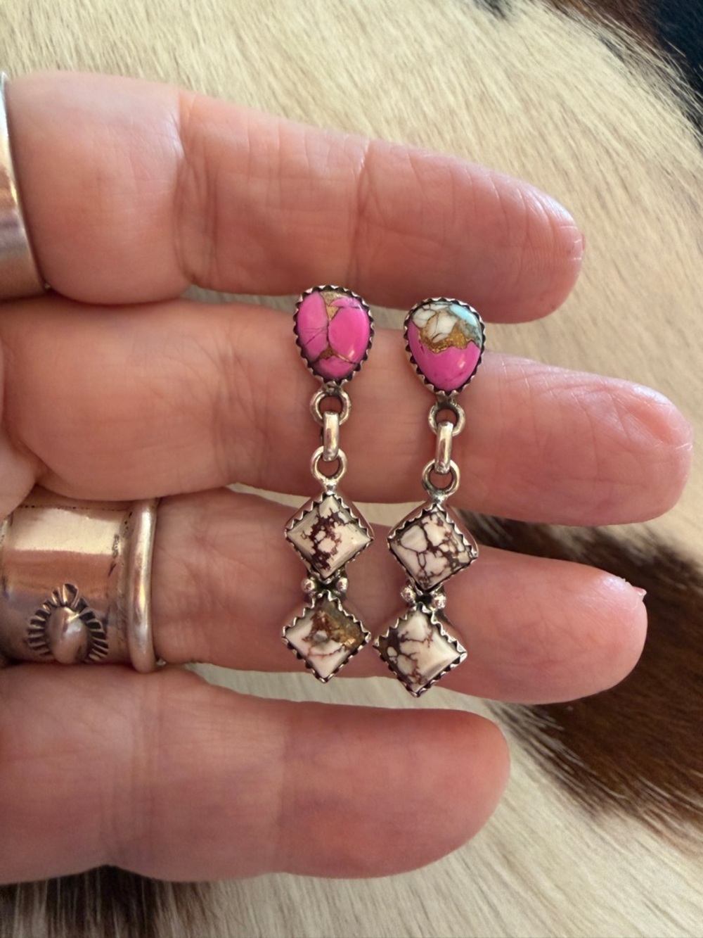 ❤️ Wild Horse Jasper & Cotton Candy Turquoise Post Back Dangle Sterling Earrings